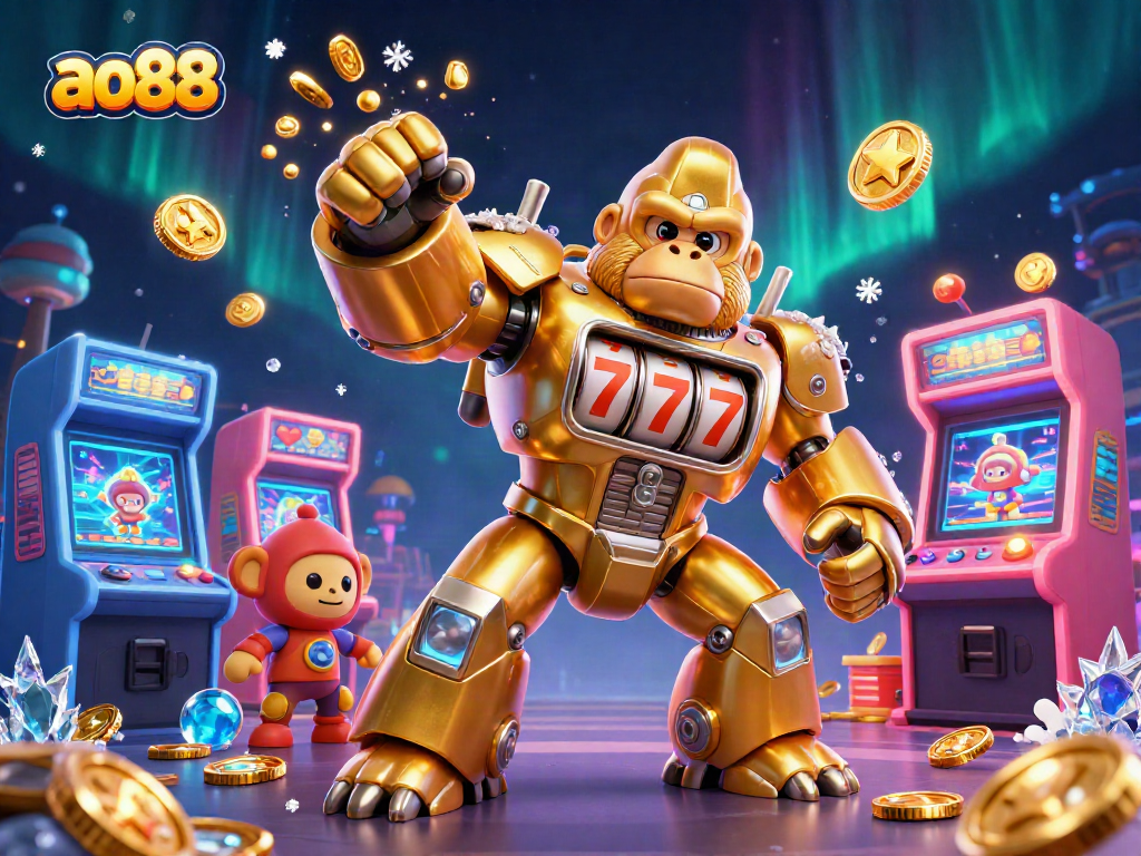 Engage with ao88's dynamic gaming features, showcasing an explosive 3D golden gorilla mech and vibrant casino elements.