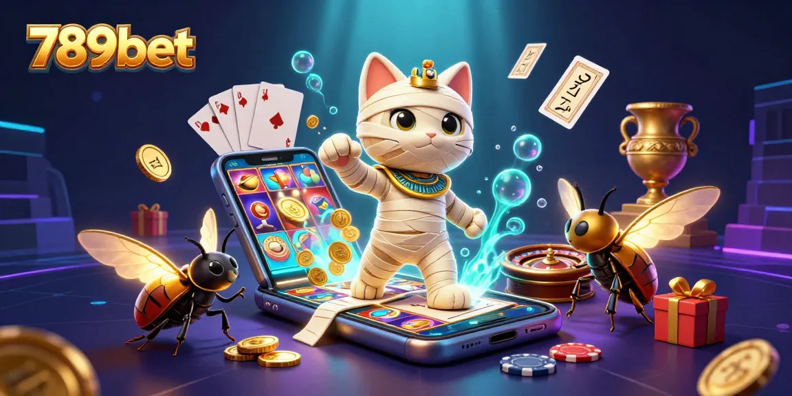 Experience thrilling gaming with 789bet - a vibrant scene of an Egyptian mummy cat in a pyramid casino bursting with action!