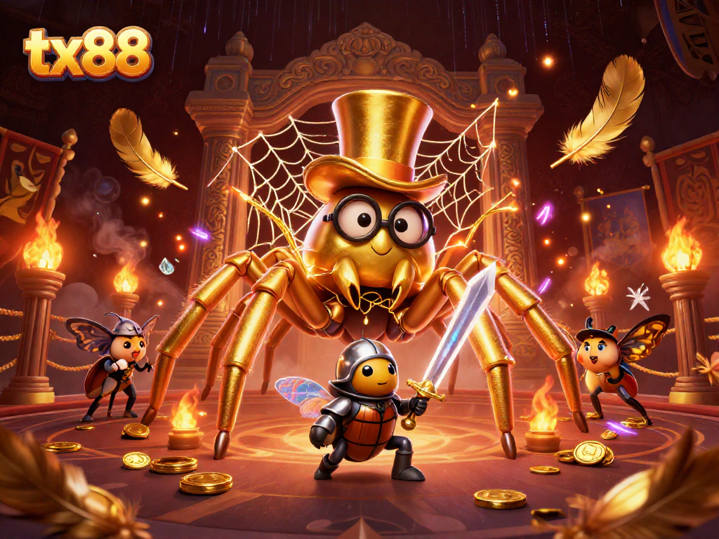 Experience engaging gameplay with tx88, featuring a golden tarantula and beetle knight in a vibrant casino scene.