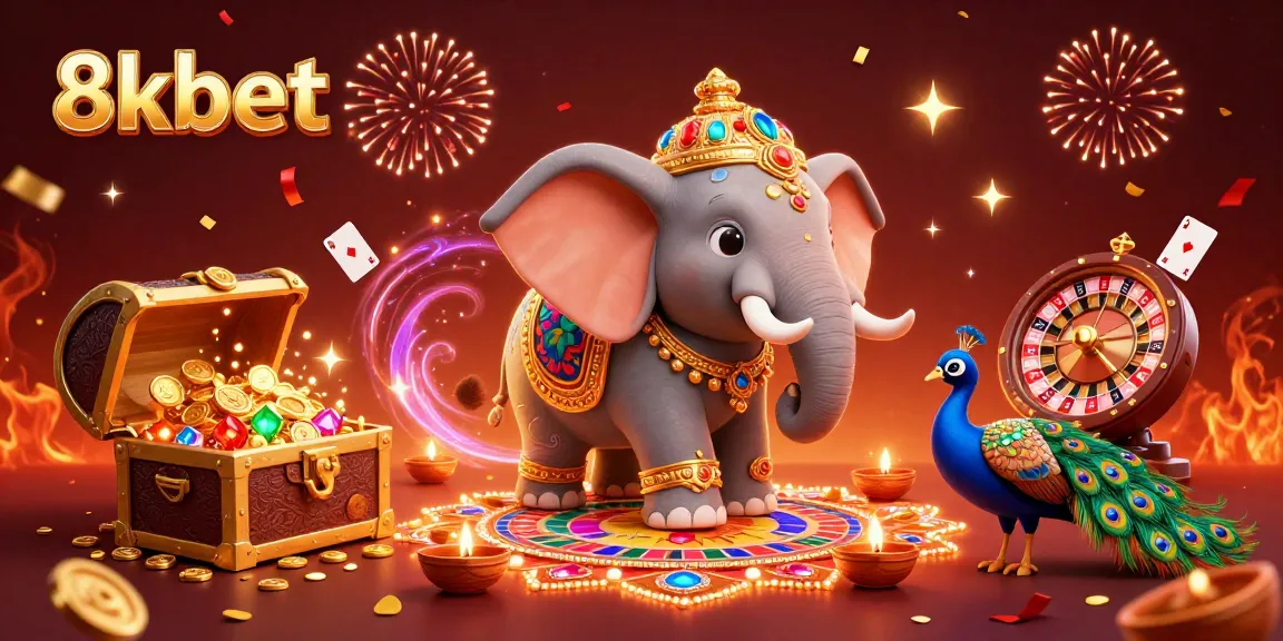 Bet and win with fun 8kbet-themed 3D casino illustration featuring festive characters and vibrant gaming elements.