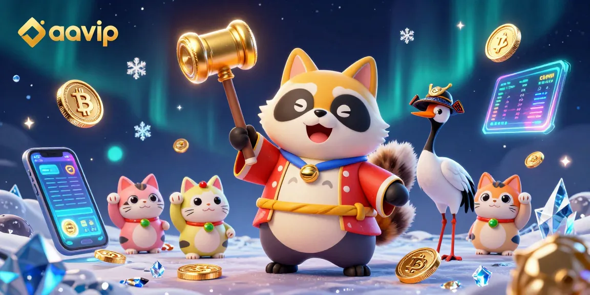 Engage with the lively atmosphere of aavip as a cheerful tanuki celebrates gaming wins amid cryptocurrencies and lucky charms.