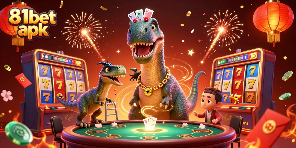 Experience casino excitement with the 81bet apk featuring a giant brontosaurus and playful raptor.