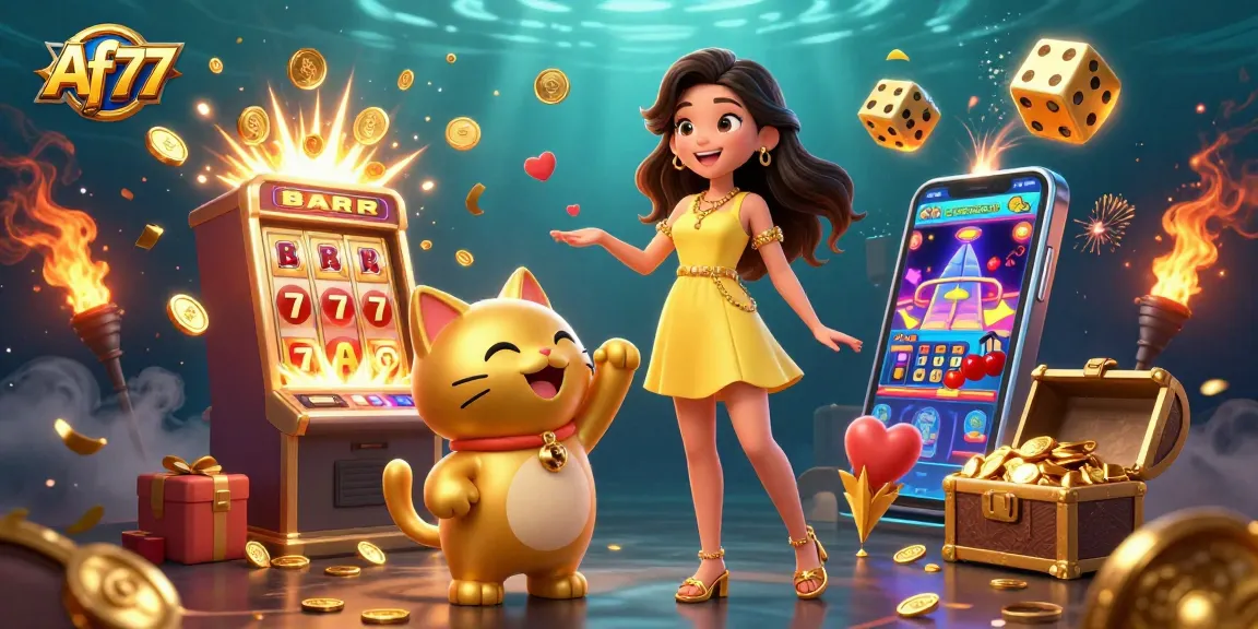 Experience the excitement of Af77 with a vibrant casino scene featuring games and a playful lucky cat.