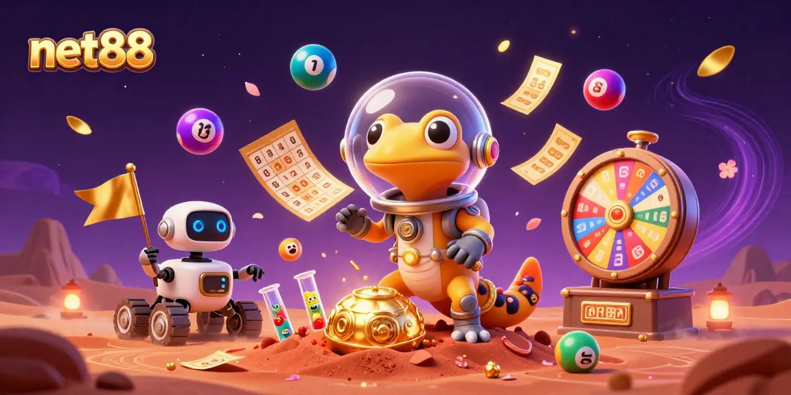 An entertaining scene featuring the Martian gecko and casino elements, showcasing net88 and interactive gaming excitement.