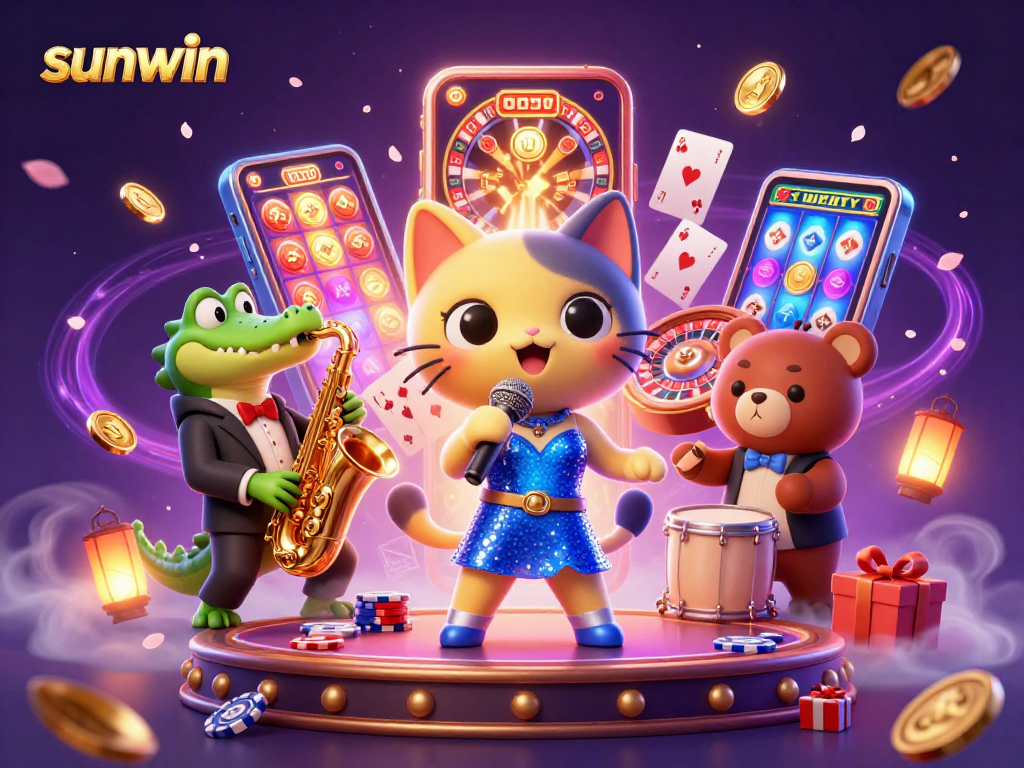 Engage with sunwin slots as a jazz-singer cat, saxophonist crocodile, and drummer bear fill the casino stage.