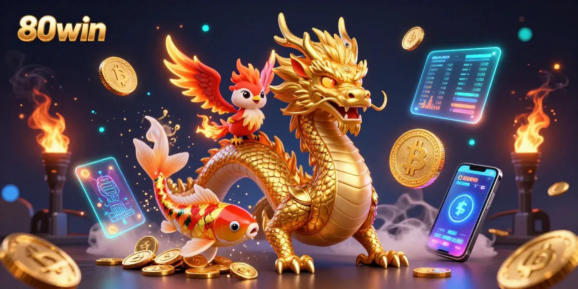 Experience the excitement of 80win with a vivid digital illustration featuring a golden dragon and phoenix among coins.