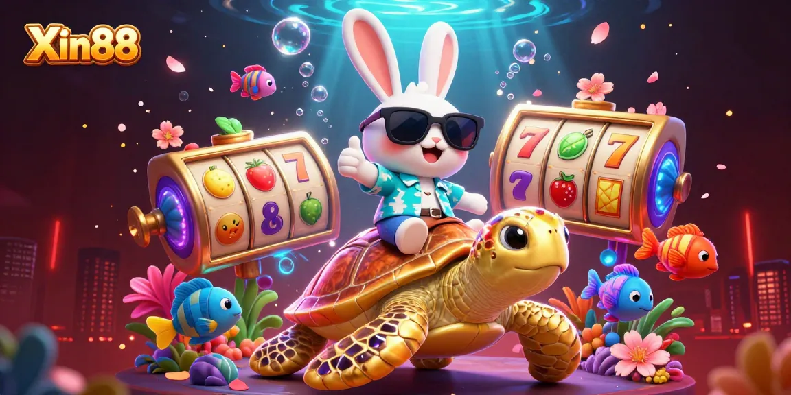 Experience the thrill of Xin88 as a lucky rabbit and golden turtle celebrate casino wins amidst vibrant gaming elements.