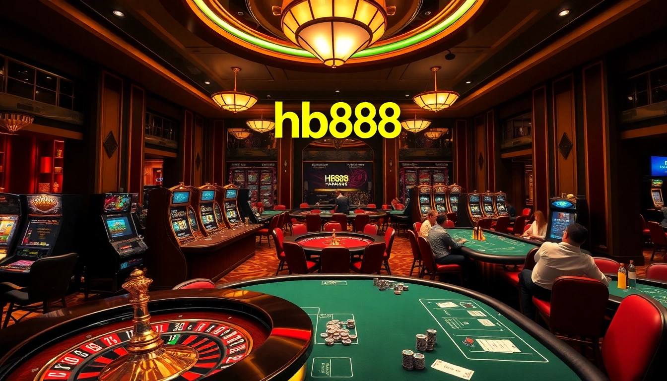 Exciting atmosphere at Hb888 casino featuring players at tables and slot machines.