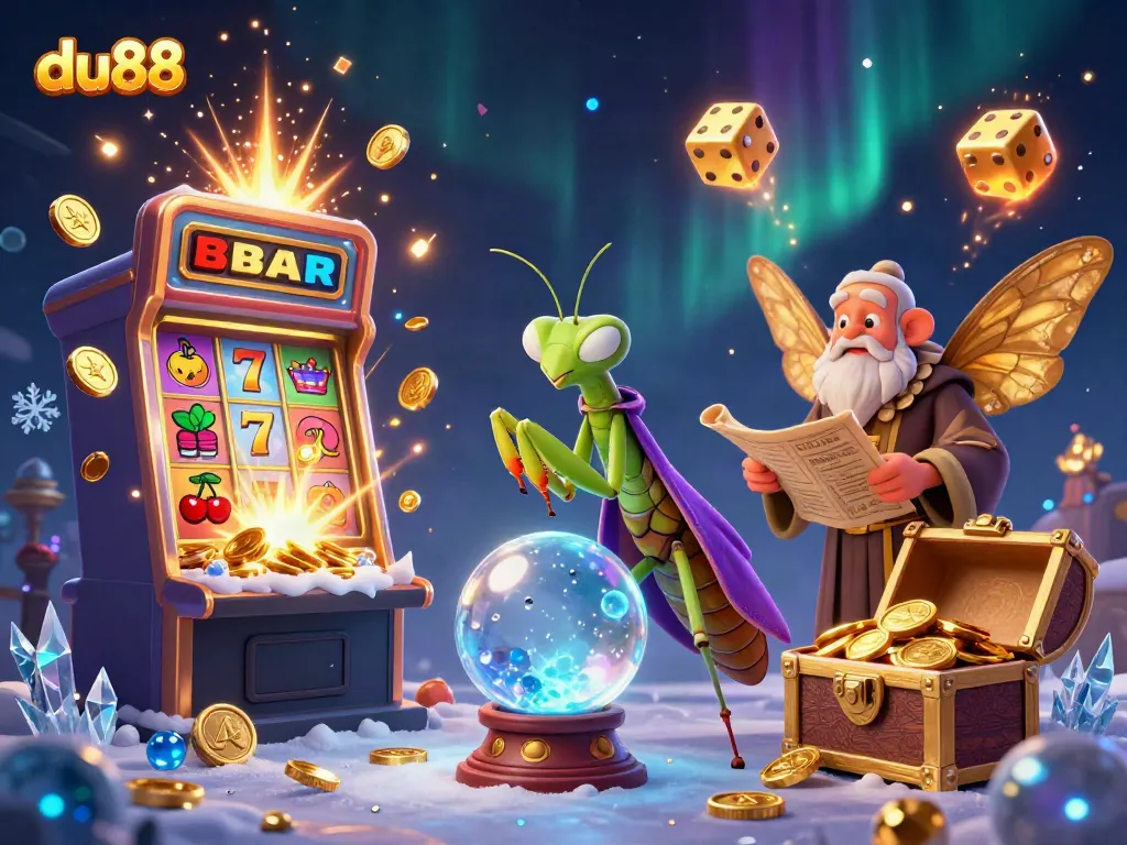 Experience thrilling wins at du88 with a whimsical 3D scene featuring casino elements and magical characters.