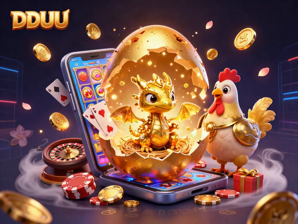 Engage with DDUU gaming—crack the golden egg and win golden poker chips in a vibrant casino scene.