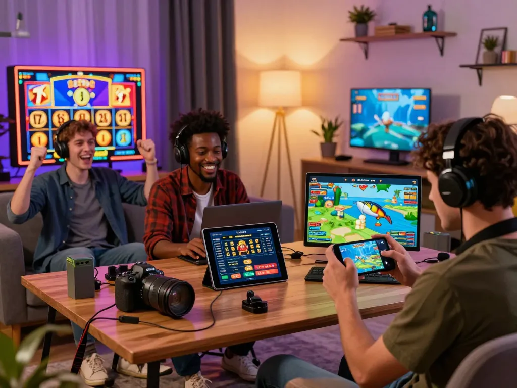 Exciting scene of TG88 online gaming community celebrating with diverse players enjoying sports betting, slots, and fishing games in a cozy modern living space.