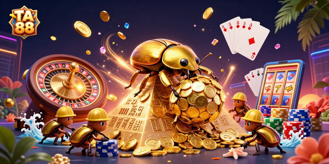 TA 88 showcases a vibrant 3D scene with golden beetles progressing towards a winning jackpot, filled with dazzling casino elements.