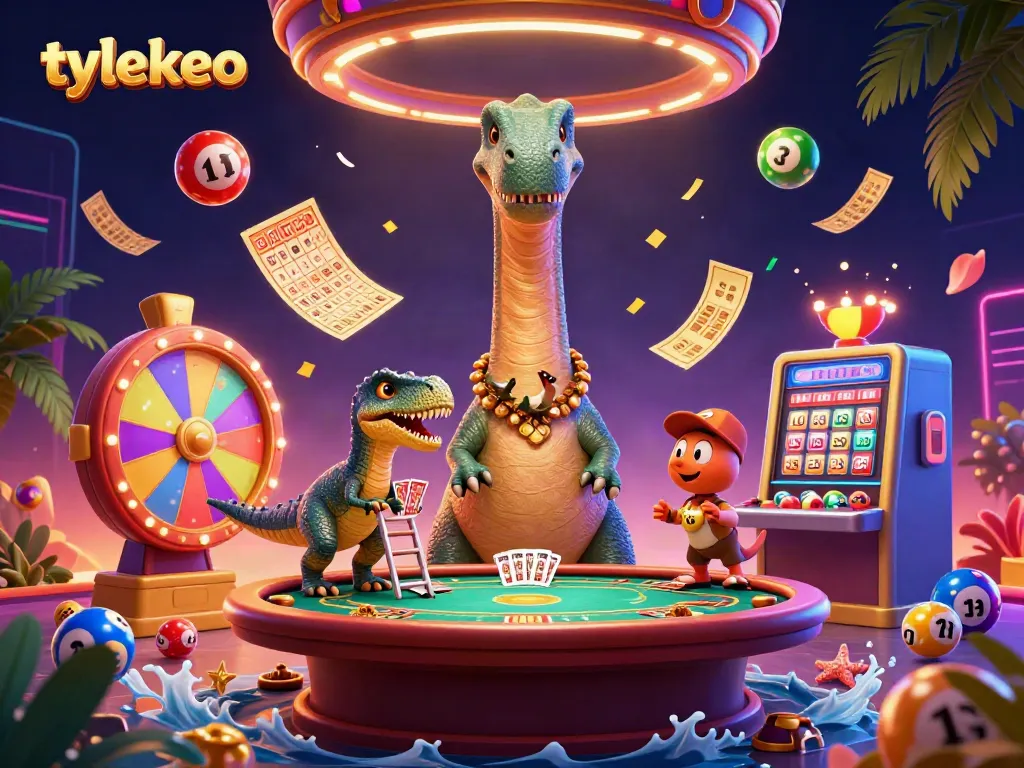 Unleash excitement at tylekeo with a colorful 3D casino scene featuring dynamic lottery elements and vibrant characters.