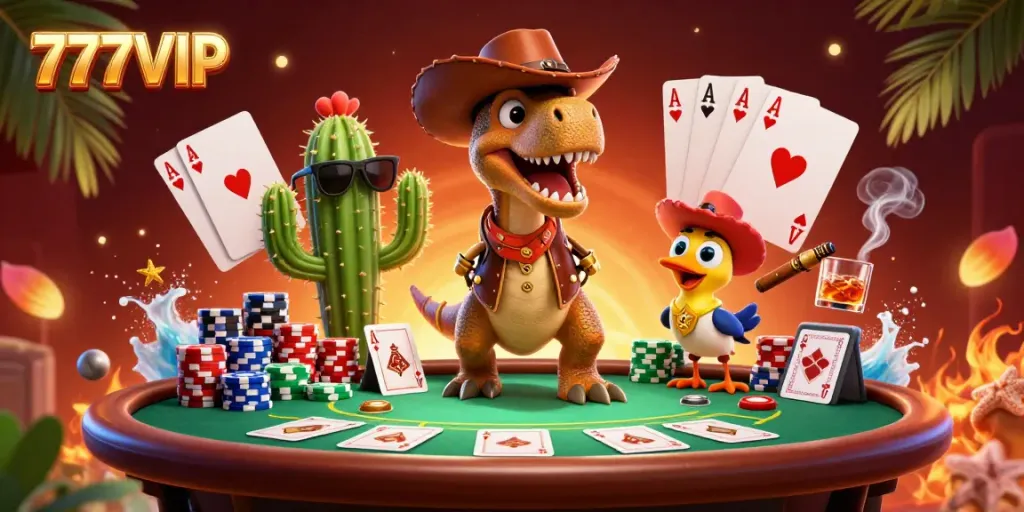 Engage with 777VIP as a cowboy dinosaur competes at a poker table in a vibrant casino scene.