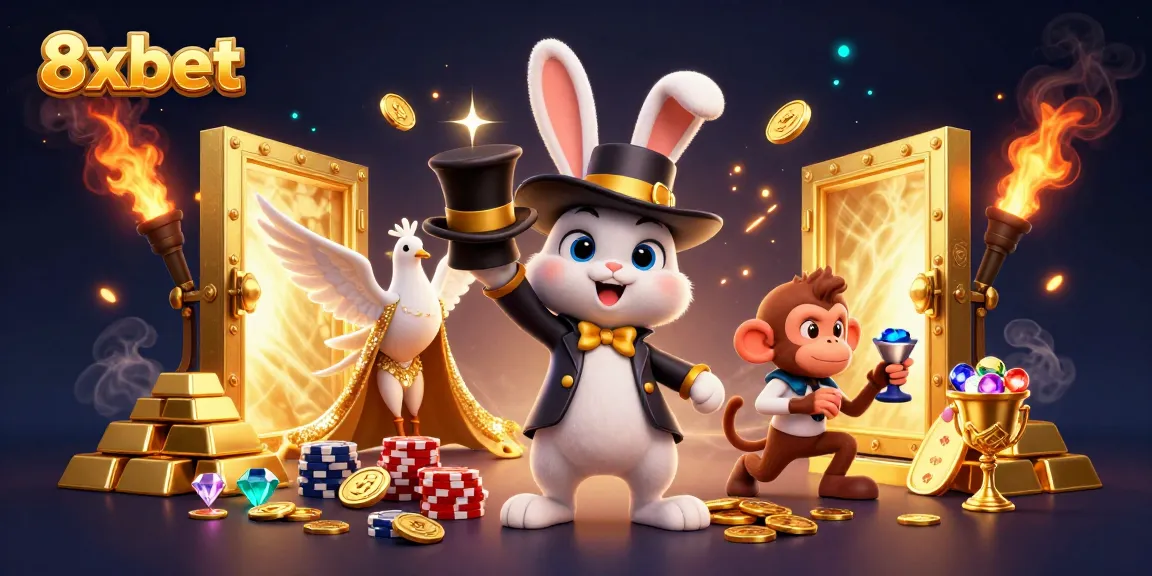 Experience thrilling wins at 8xbet with a captivating scene filled with gold coins, poker chips, and enchanting characters.
