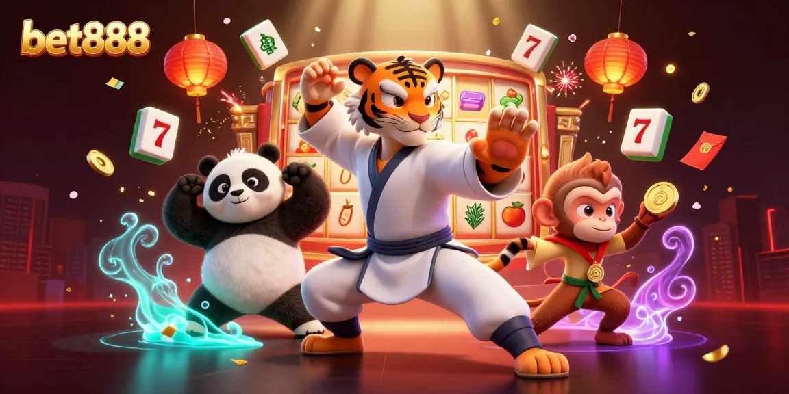 Engage with bet888 as a kung fu tiger master showcases winning techniques amid vibrant slot symbols.