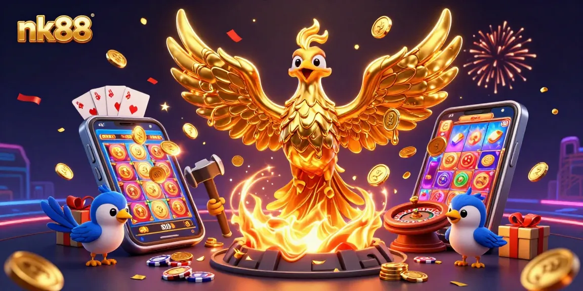 Spin to win with nk88 as a golden phoenix showers coins in a vibrant casino illustration.