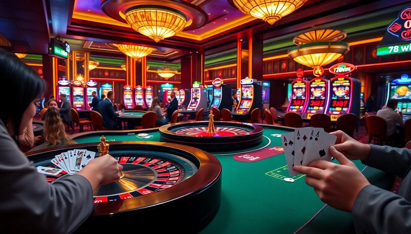 Players engaging at a roulette table in a luxurious casino setting featuring 78win.