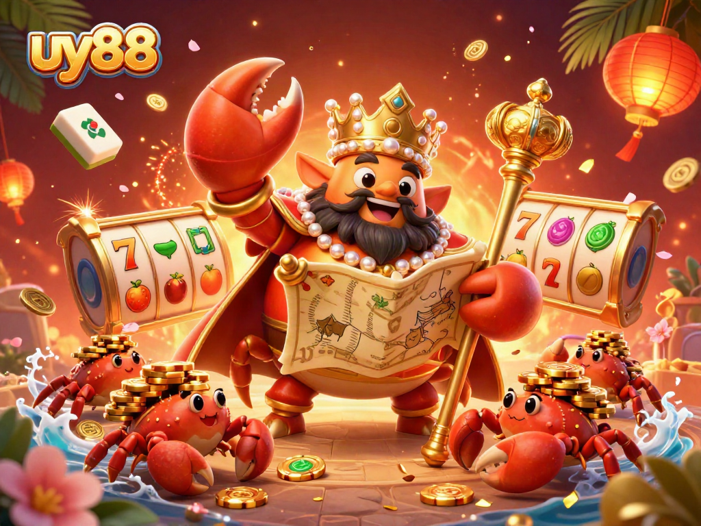 Experience the excitement of uy88 with a golden crab emperor surrounded by vibrant casino elements and glow.