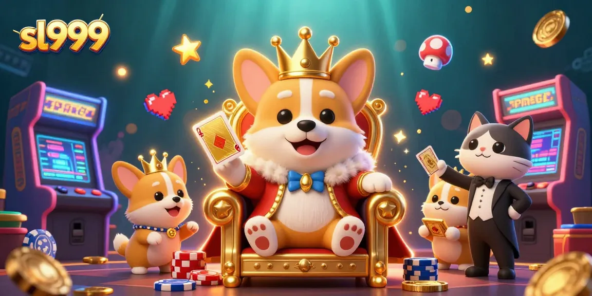Jogue sl999 enquanto o corgi real lidera a ficha no trono do cassino, cercado por elementos vibrantes.
