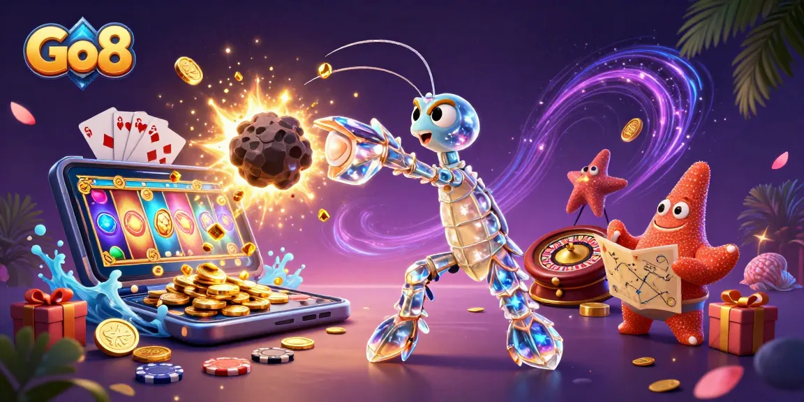 Go8 captures thrilling casino action with a 3D mantis shrimp and starfish in a vibrant scene.