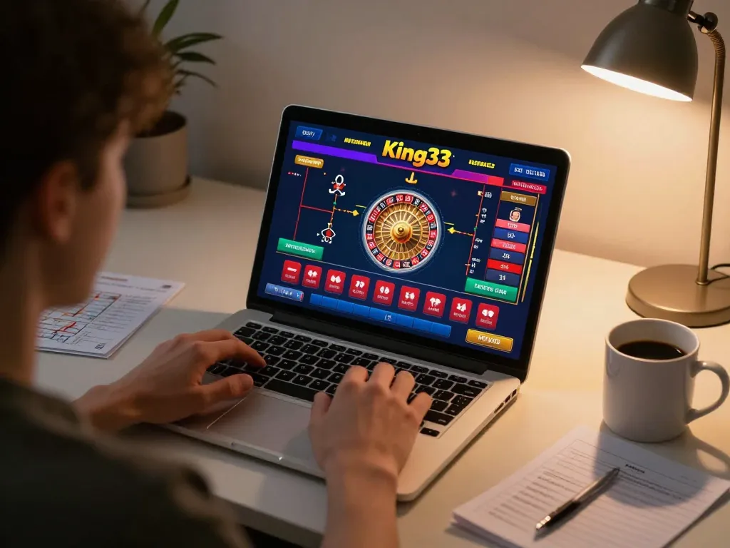 Player engaging with King33 live casino games on laptop in a cozy home setup