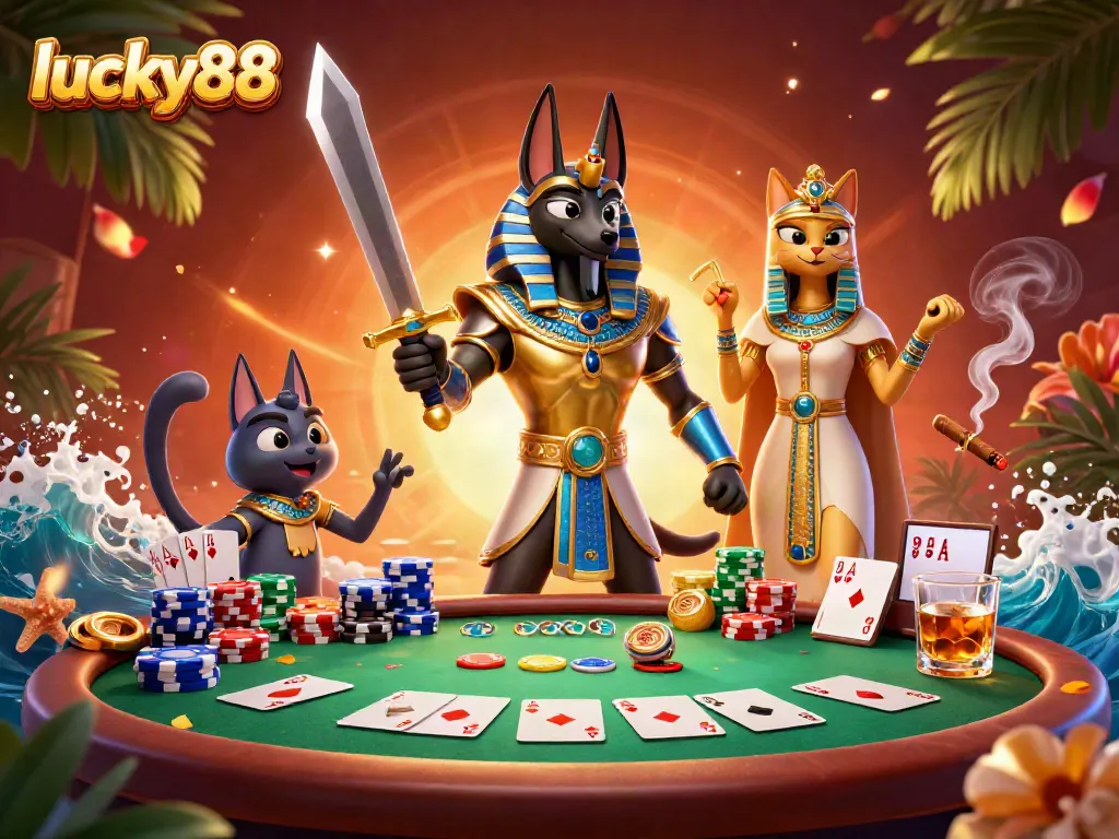 Experience thrilling gameplay at lucky88 with Anubis and Bastet amidst vibrant casino elements.