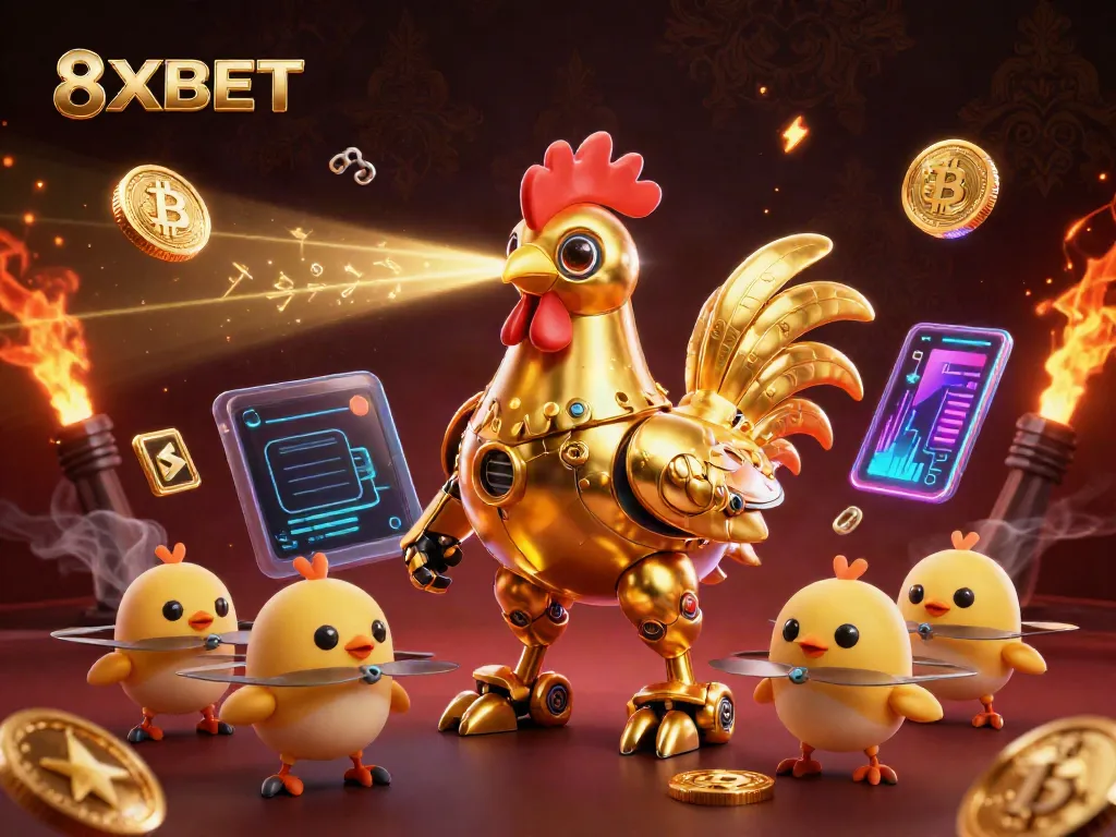 8XBET features a golden rooster robot and drones amidst glowing crypto elements, showcasing a dynamic betting scene.