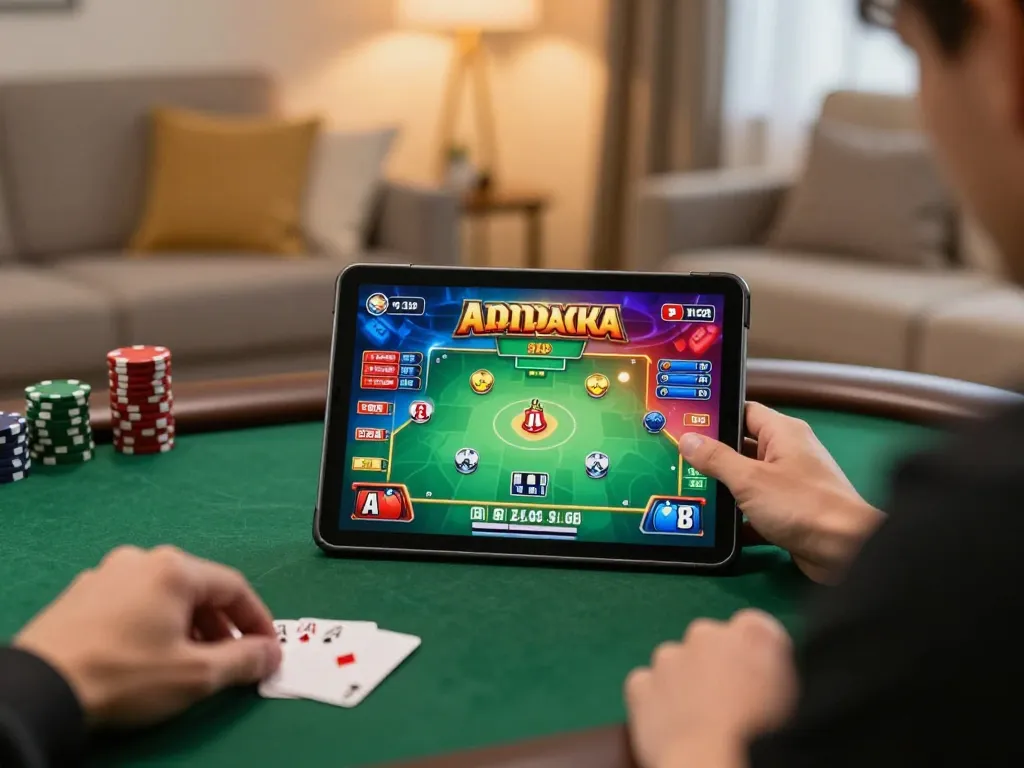 Player enjoying online poker on tr88.com in a cozy living room setting, capturing responsible gambling.