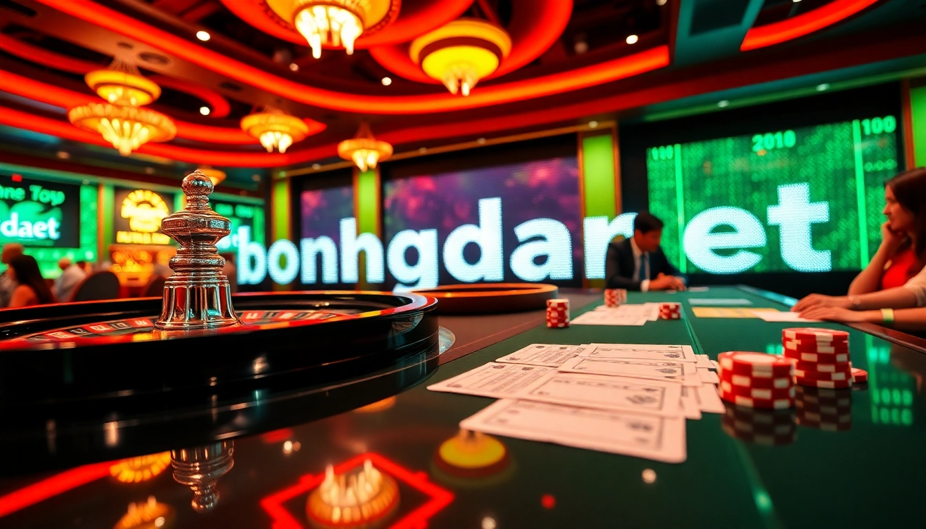 Players engaging in thrilling gambling activities at Bongdanet, featuring casino tables and betting elements.