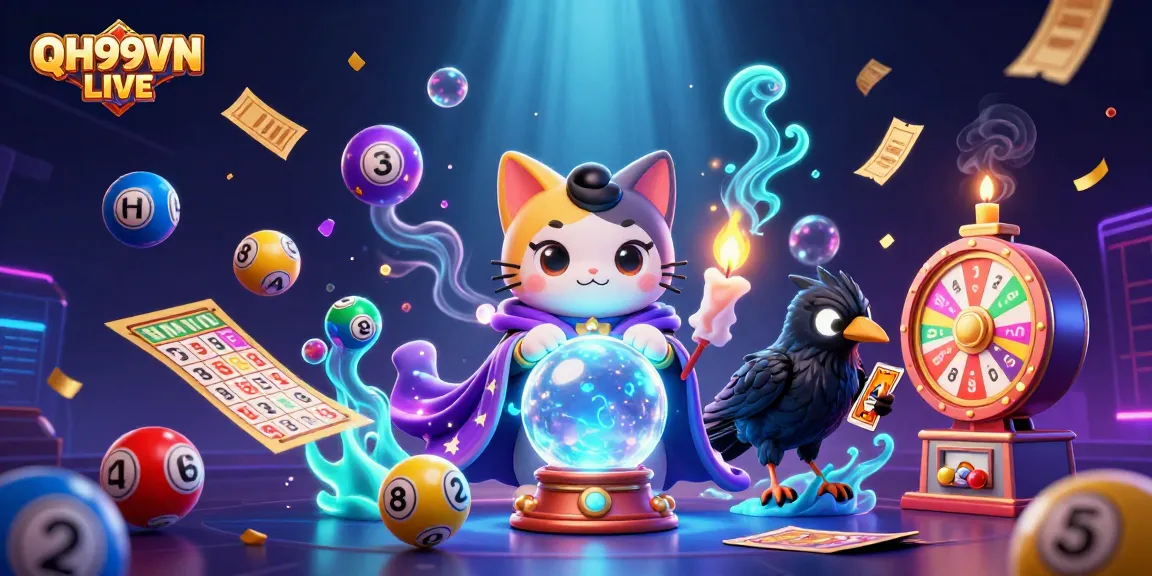 Experience exciting gaming at QH99VN LIVE with vibrant lottery balls, colorful prizes, and a mystical atmosphere.
