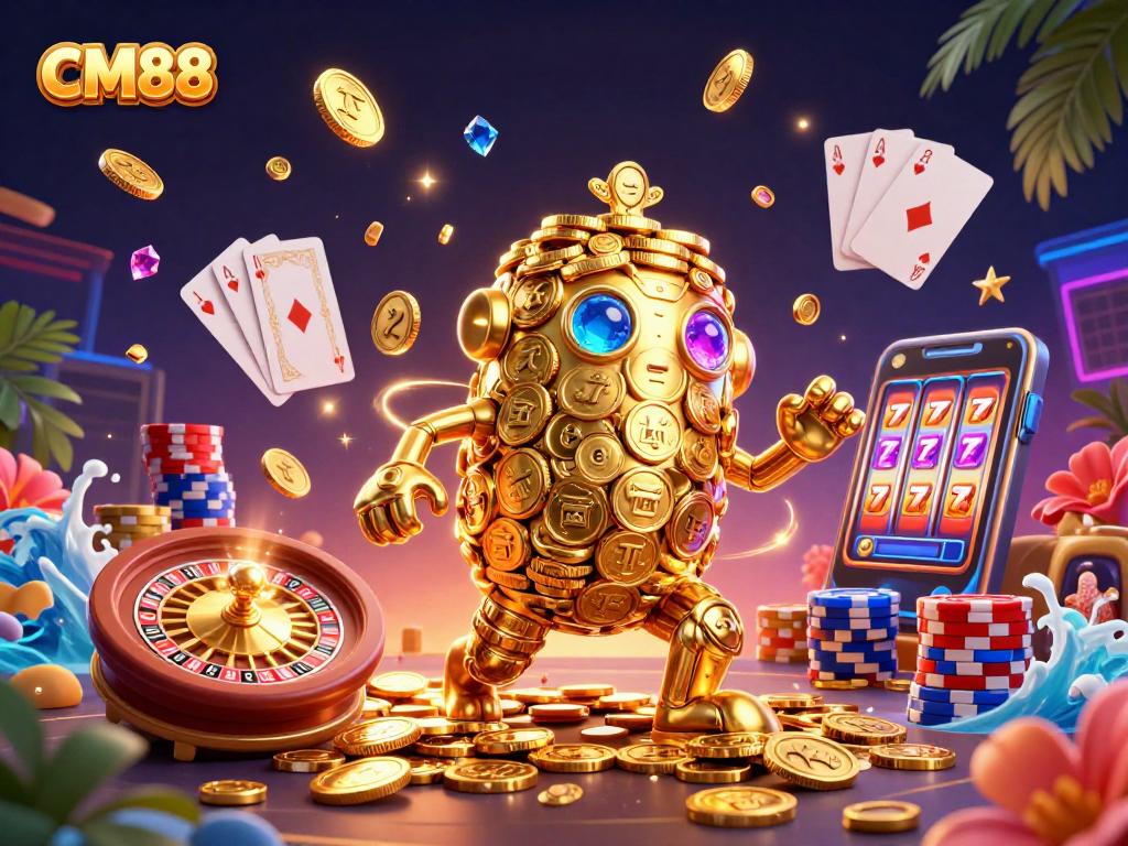 CM88's ancient golem made of gold coins surrounded by shimmering slots, roulette, and poker elements.