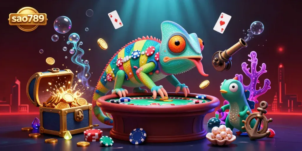 Experience the vibrant gambling world of sao789 with a lively chameleon casino owner and dynamic game elements.