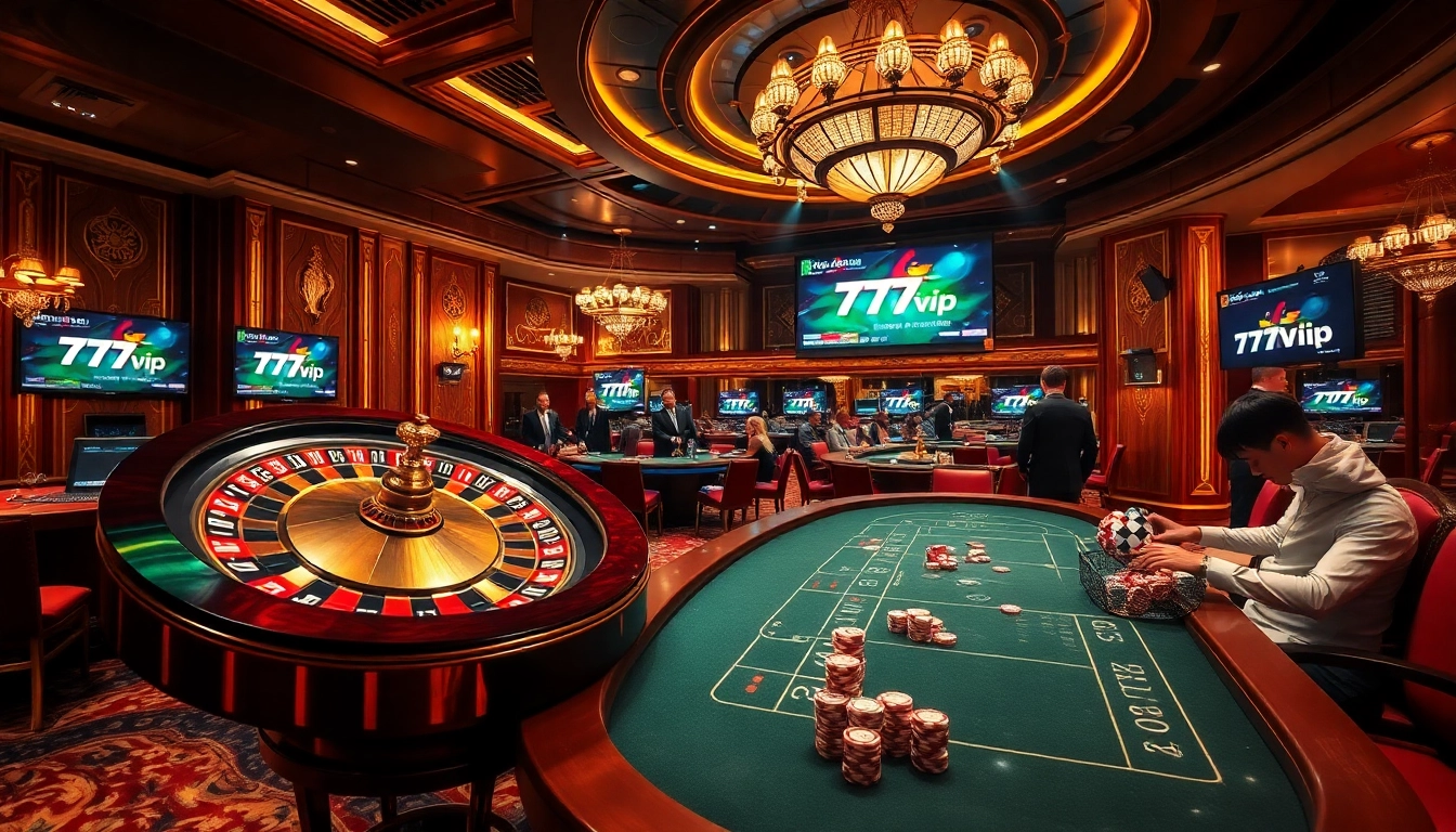 A dynamic casino scene highlighting players enjoying 777vip games at luxurious tables, enhanced by vibrant colors.