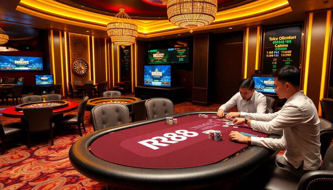Players strategizing at an exciting RR88 poker table amidst a luxurious casino backdrop.