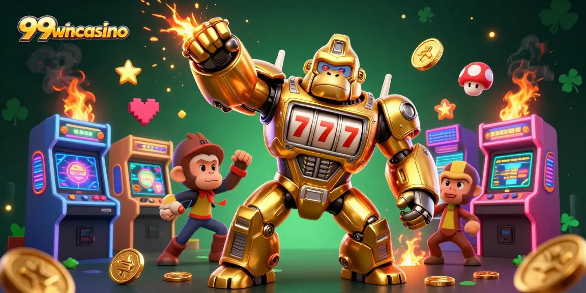 Experience big wins at 99wincasino featuring a golden gorilla mech and arcade games.
