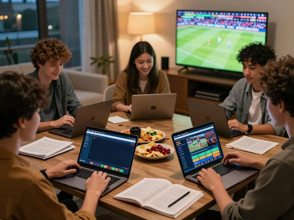 Friends enjoying the UK88 platform for online betting on their devices, surrounded by a lively atmosphere with snacks and sports.