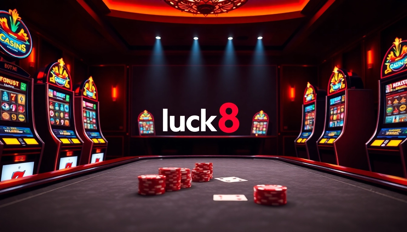 Experience the excitement of luck8 at a luxurious casino table with vibrant slot machines.