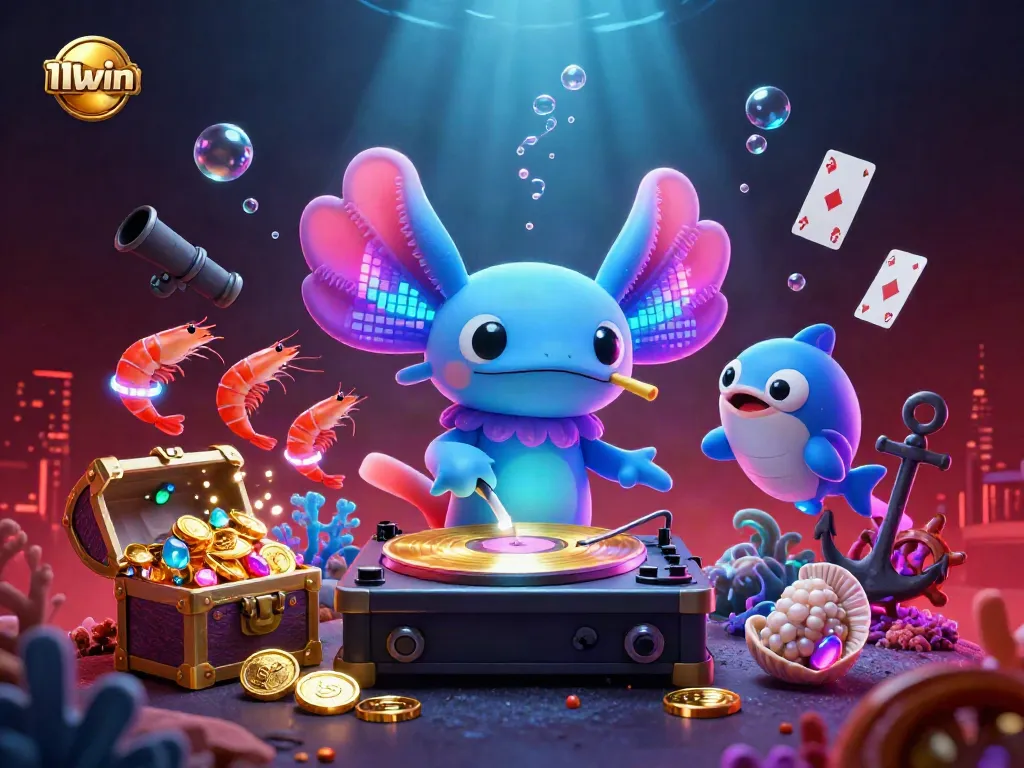 Spin to win with 11win in this vibrant underwater casino scene showcasing dancing characters.