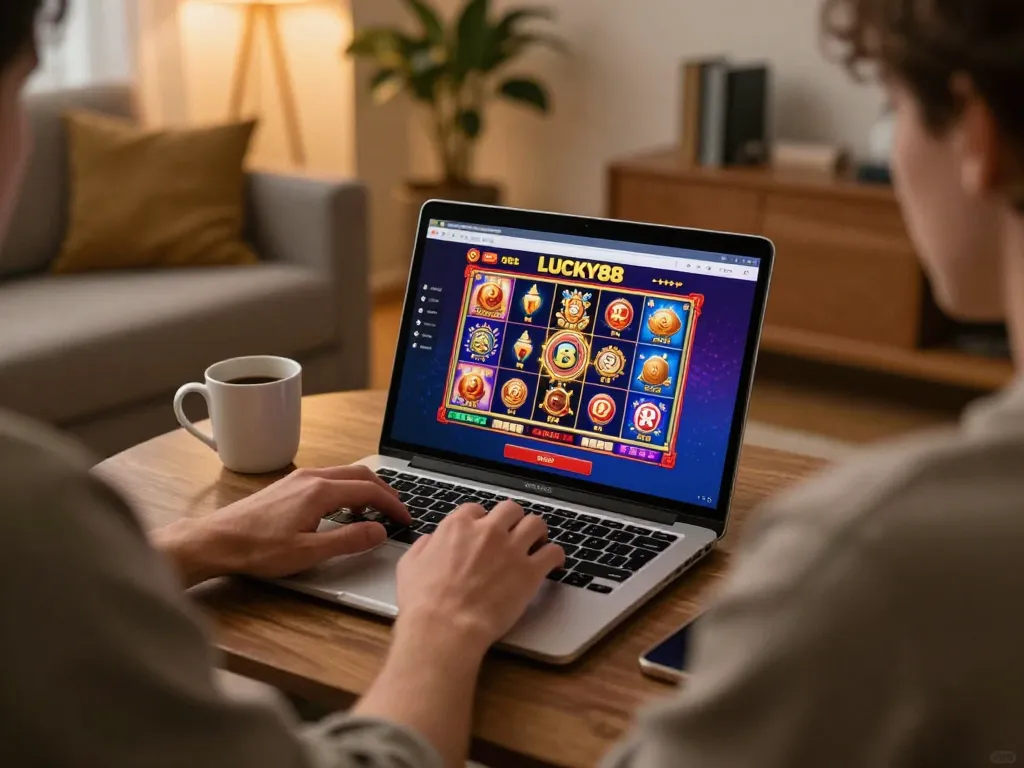 Player engaging with LUCKY88 online casino platform at home, showcasing vibrant slot game interface and cozy atmosphere
