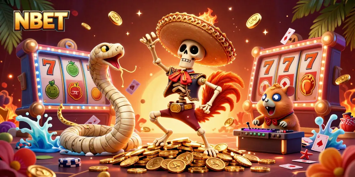 Experience NBET excitement with a vibrant casino scene depicting a festive victory dance amid golden coins.
