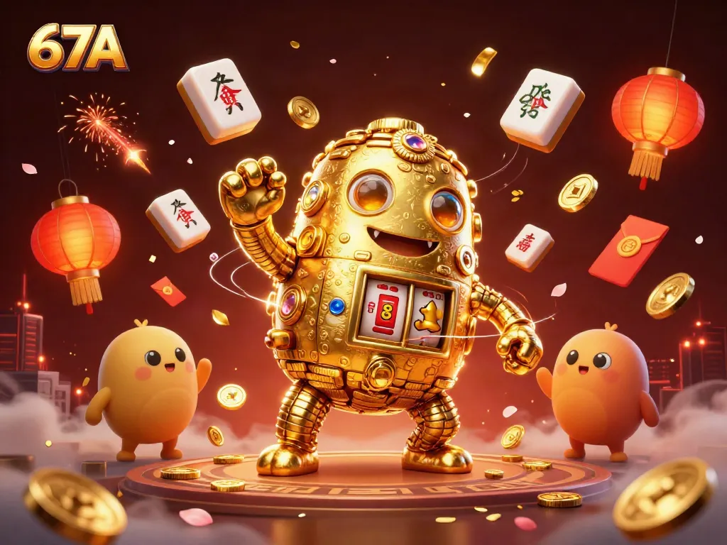 Win big with 67A at the vibrant casino, featuring a golden golem and traditional elements.