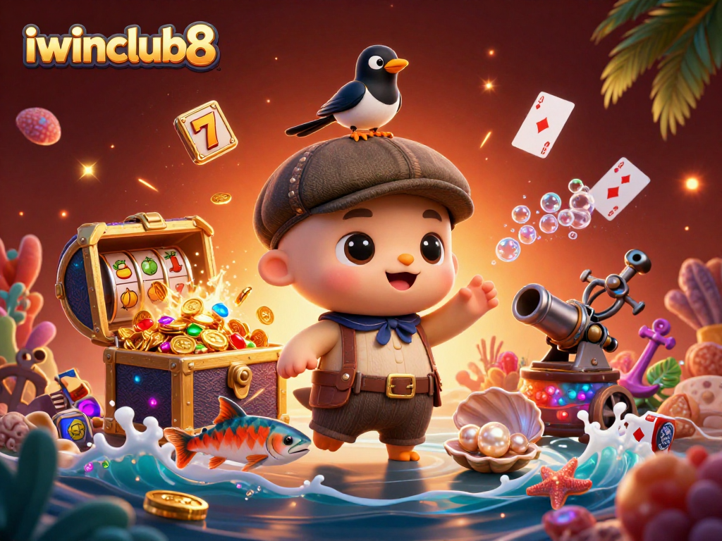 iwinclub8’s vibrant scene showcases a playful Nessie amidst slot reels and treasures, inviting excitement for gamblers.