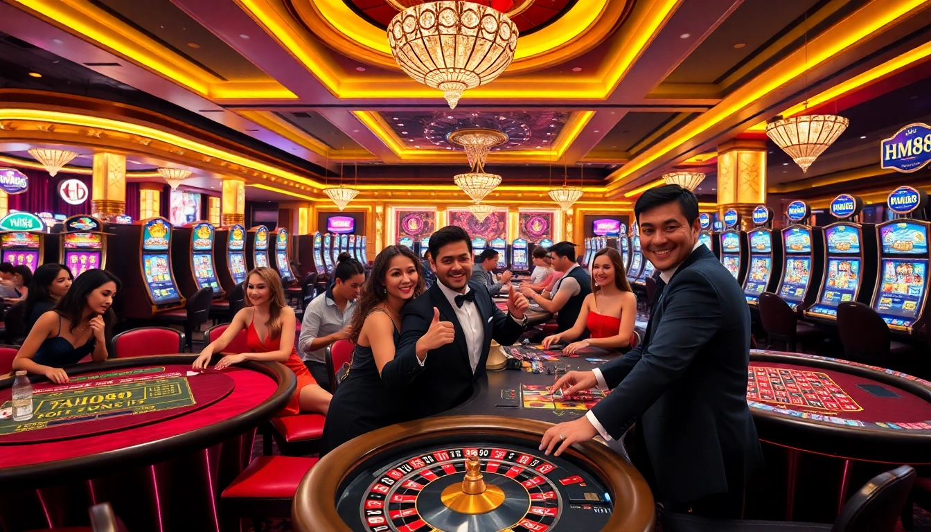 Players enjoying a vibrant gambling experience at HM88 casino with tables and slot machines.