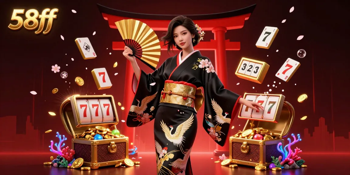 Spin to win at 58ff, showcasing a vibrant 3D casino scene with dynamic slots and a stylish character.