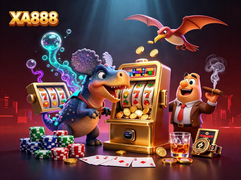 XA888's fun scene with a pachycephalosaurus hitting a slot machine for jackpot coins.