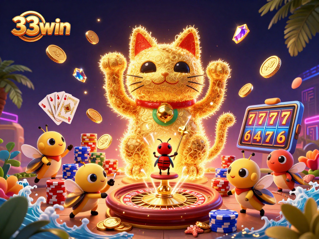 Experience the excitement with 33win's vibrant lucky cat and dynamic casino symbols!