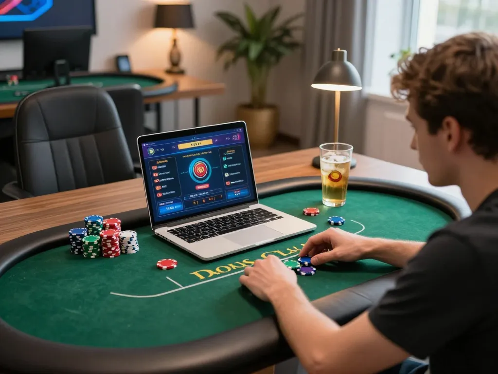 A player immersed in a poker game at 789 club, surrounded by gaming accessories, showcasing strategic online gambling