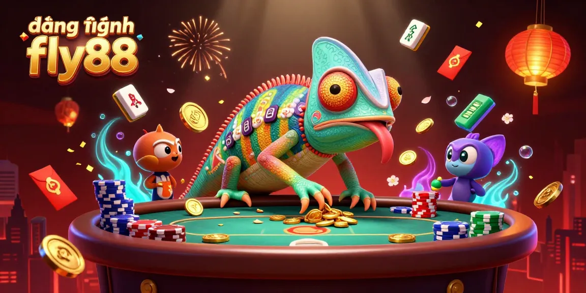 Engage in đăng nhập fly88, featuring a vibrant 3D casino scene with a colorful chameleon owner and abundant gaming elements.