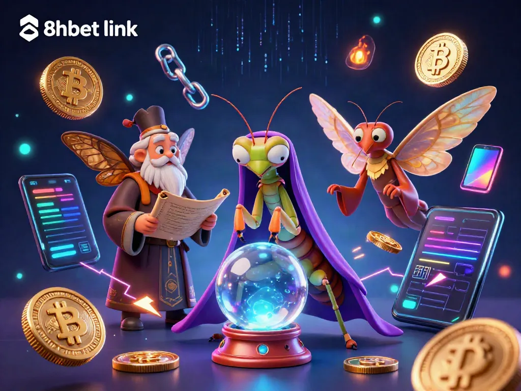 Engage with fortunes at 8xbet link in a vibrant 3D illustration, featuring fortune teller, moth librarian, and crypto elements.